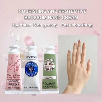 L'Occitane Set de 3 cremas de manos: Manteca de karité, Flor de cerezo y Almendra | Tamaño de viaje paquete de 3 (10ml/0,35oz cada uno)