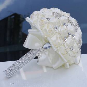 1 Bouquet Elegant Cream Artificial Fabric Rose Bridal Wedding Bouquet, Luxury Butterfly Bouquet With Shiny Tassel, Silver Crystal Satin Ribbon Rose