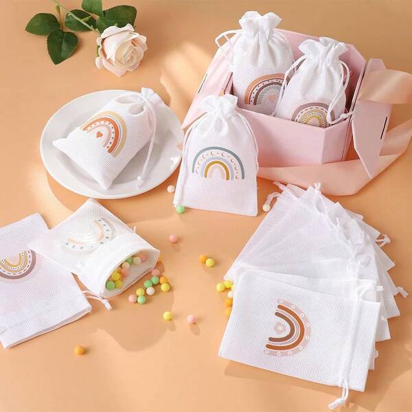8/9 piezas de 10*14cm Bolsas de regalo de arpillera de lino natural con tema arcoíris bohemio impreso para boda, hogar, joyería, adornos