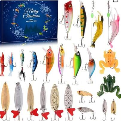 Calendario de Adviento de Pesca - Cuenta regresiva de 24 días, Juego de señuelos de pesca, Kit de equipo de pesca, Juego de cebo de pesca, Caja de aparejos de pesca, Para pesca al aire libre, Regalo navideño, Regalo sorpresa de Navidad 2025 para pescadores, adultos, adolescentes