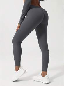 Sodalemon 女士蜜桃臀瑜伽紧身裤，V形缝线设计，修身运动裤 - 灰色 - 查看 7