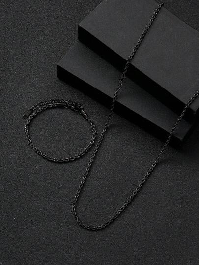 2pcs Stainless Steel Black Twisted Chain Necklace And Bracelet Jewelry Set, Suitable For Daily Decoration