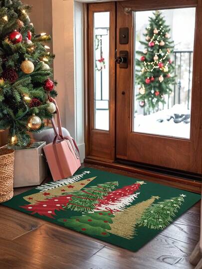 1 pezzo Tappetino natalizio con sfondo verde e motivo foresta di alberi di Natale, tappetino stampato con albero di Natale multicolore, tappetino da ingresso per decorazioni natalizie, antiscivolo e resistente all'usura, decorazione natalizia per la casa