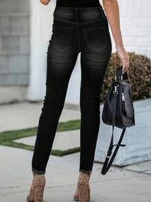 Women's Button Front Pocket Elastic Skinny Jeans - Black - View 2