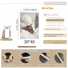 1 szt., płótno ścienne, dekoracje świąteczne, oprawione ozdoby świąteczne, śnieżny zimowy krajobraz, Święty Mikołaj, wystrój świąteczny w stylu rustykalnym, wystrój bożonarodzeniowy w stylu vintage, bałwan, choinka, pociąg świąteczny, dekoracja pokoju bożonarodzeniowego, wystrój salonu