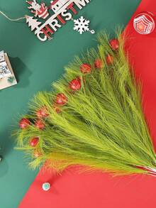 8 Stücke Weihnachtsbaum Dekorationen, thematische Heimdekoration, grüne Zweige, rote Kugeln, Pampasgras Elfen Picks, Weihnachtsdekorationen, Heimdekoration, Tischaufsatz, Vase Füllungen, Weihnachtsbaum Deko, DIY Kranz Zubehör