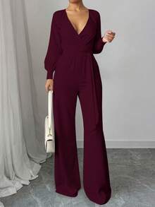 Mujer elegante mono largo cruzado con cinturón holgado escote en V manga larga primavera otoño para fiesta - Rojo Violeta - Ver 2