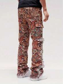 Men's Fashion Jeans Butterfly Floral Jacquard Fringe Hem Trousers Multi-Pocket Cargo Pants Slim Straight Pants Streetwear - 紅色 - 查看 2