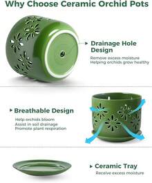 KF-Plant AccessoriesOrchid Pot With Holes, 5+6Inch Ceramic Plant Pots With Drainage Holes And Tray, Promoting Air Circulation And Drainage, Indoor/Outdoor White Flower Potsplant Garden - Green - View 4