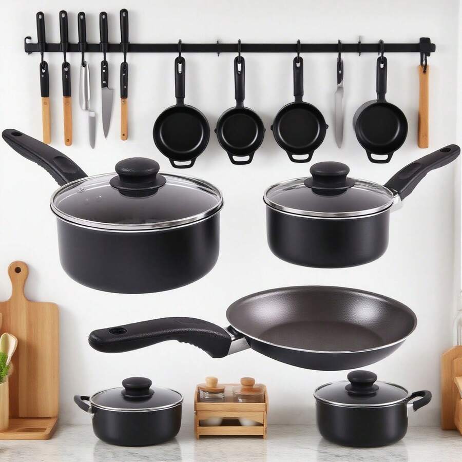 7 Piece Non Stick Aluminium, Pots And Pans Cookware Set, Black, Family ...