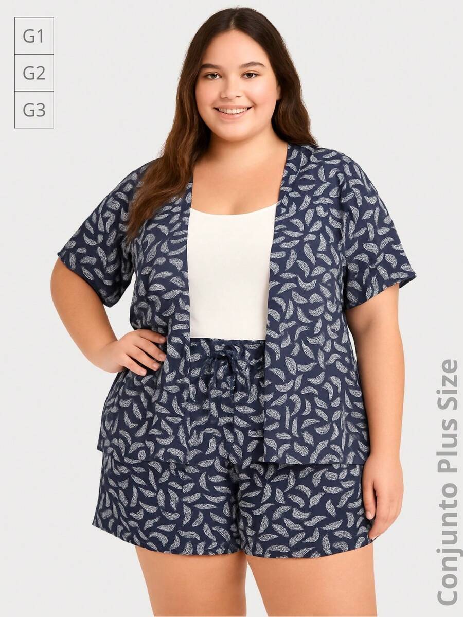 Plus Kimono And Printed Crepe Shorts Set - Màu xanh lam - Xem 1