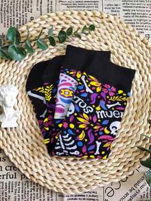 1/2/4/5/10 双趣味袜子，不对称 Andy 女士中筒袜，适合日常派对装扮，亡灵节图案中筒袜，黑色配彩色糖头骨、花卉和骷髅印花，女士袜子，白色袜子，黑色袜子，踝袜，中筒袜，长袜，休闲袜， - 黑色 - 查看 3