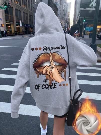 女式连帽羊毛衫，独立咖啡文化棕色唇印，时尚休闲街头服饰，秋冬