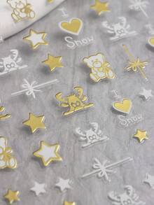 4张3D金色圣诞美甲贴纸，金属金色小鹿、小熊、雪花、星星图案，新年装饰美甲贴片 - 彩色 - 查看 11