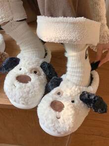 女士室内拖鞋，防滑保暖厚底，可爱黑白波尔卡圆点狗形趣味 3D 动物图案，冬季 - 黑與白 - 查看 3