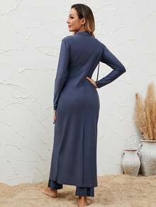 VFJ Women's Full Coverage High Waist High Stretch Burkini Elegant Round Neck Long Sleeve Modest Swimsuit - Navy Blue - View 3