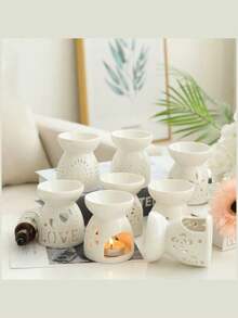 Set Of 2 White Ceramic Wax Melters Tea Light Warmers With Candle Scoop, Aromatherapy Holder, Mixed Wax Warmer, Ceramic Oil Burner, Candle Aromatherapy Diffuser For Home Valentine's Day Party, Season, Festival, Holiday, Room Decor, Home Decor, Gift - Multicolor - View 2