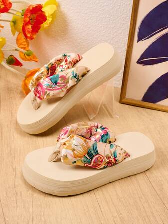 1 Pair Girls' Flower Print Casual Comfortable Fashion Flip Flops, Suitable For Summer