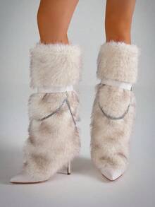 Women's Pointed Toe Stiletto Heels Fluffy Fur Boots Fashion Y2K Halloween Party Furry Fur Knee High Boots With Metal Chain Lace-Up Party Comfy Outdoor Fall Winter Furry Long Boots For Christmas Party - 杏色 - 查看 5