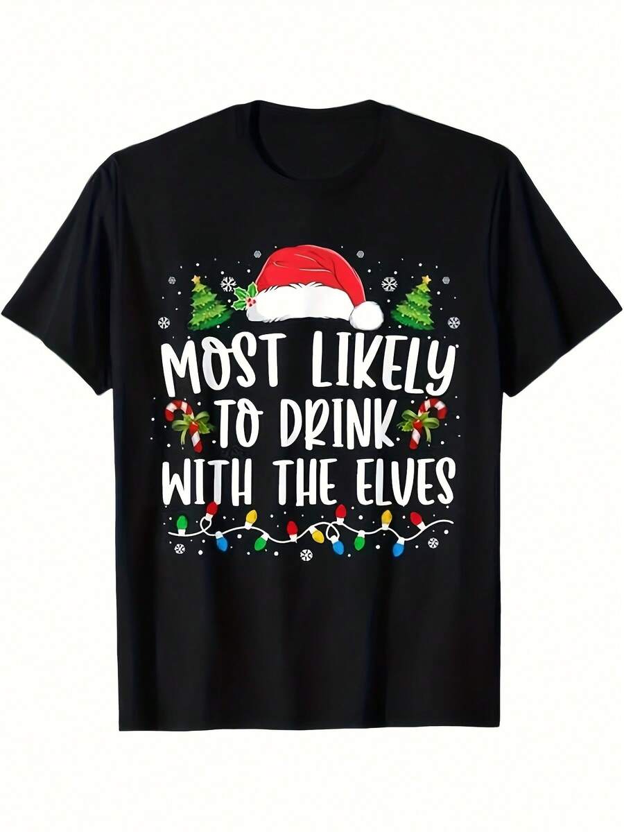 Camiseta Negra de Navidad para Mujeres - Impresión Gráfica "Más Probablemente Beberá con los Elfos", Camiseta de Manga Corta Casual de Alta Elasticidad, Top de Cuello Redondo Lavable a Máquina para Fiestas Navideñas y Ropa Casual - Negro - Ver 1