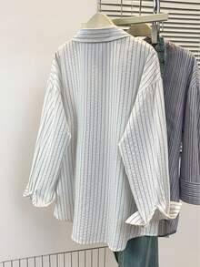 Women's Casual Striped Front Button Pocket Lapel Long Sleeve Stylish Striped Shirt Top Suitable For Autumn Winter Spring - White - View 5
