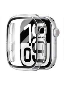 透明时尚休闲 PC 智能手表表壳，带钢化玻璃屏幕保护膜，纤薄设计，兼容 Series 1-8、SE、Ultra 38/40/41/42/44/45/46/49 毫米 - 透明+glass-film - 查看 4