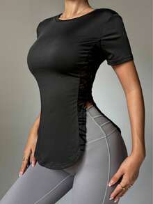 女士极简拼接侧边运动瑜伽短袖T恤 黑色 - 黑色 - 查看 5