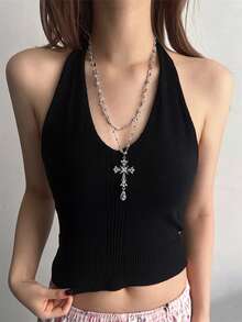 1pc Y2K Style Multi-Layer Crystal Beaded Cross Pendant Necklace, Unique Gothic Grunge Choker Necklace, Suitable For Party, Date, Banquet, Friend Gift, Matching Daily Outfit Accessories