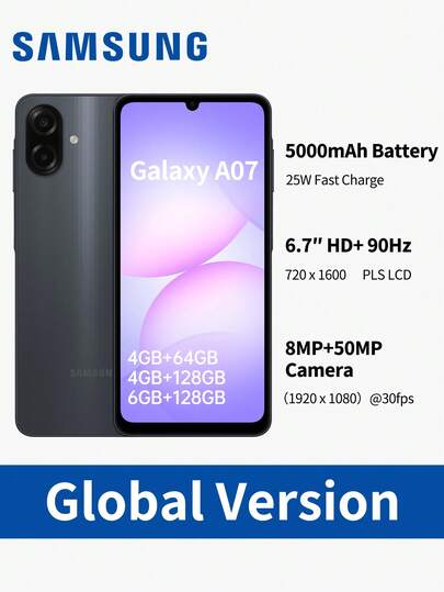 Samsung Galaxy A07 解锁安卓手机：6.7 英寸 HD+ 90Hz 流畅显示屏 | 50MP 专业摄像头 | 5000mAh 长效电池 | IP54 | 6 个操作系统升级 | 选择存储（64GB/128GB）和 RAM（4GB/6GB）和颜色（黑色/绿色/紫色）| 双 SIM 卡 | 全球版本