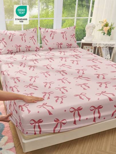 1PC Bed Sheet, Bedding, Fitted Sheet, Mattress Cover, Skin-Friendly Soft And Comfortable Mattress Protector, Valentine Day Gift Fitted Sheet, Cartoon Bow Flat Sheet, Pink Bow Pattern Bedding Set, Home Decor, Fitted Bottom Sheet For Twin, Full, King, Queen Size, Bedding Gifts, Machine Washable, Sofa,
