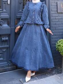 Elegant Embroidered Button-Front Zipper Formal Dress Set - Blue - View 1