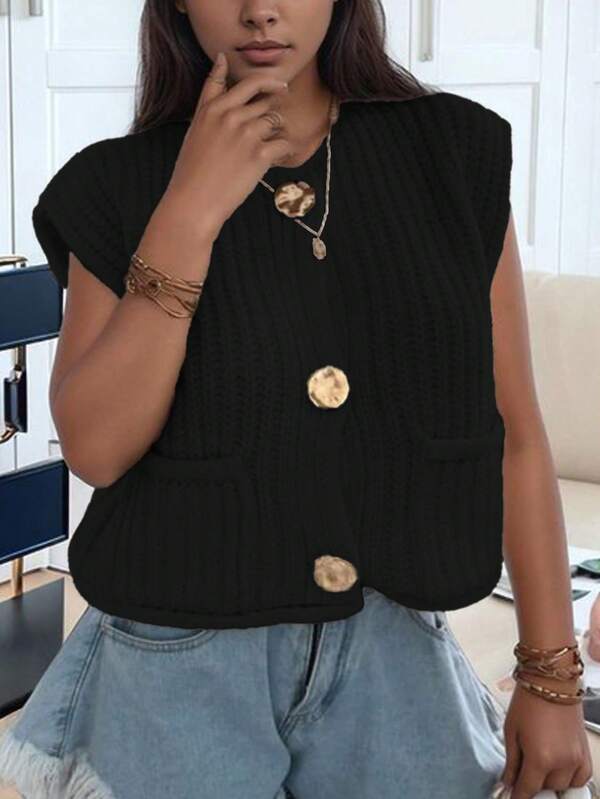 [Tops] Patchwork Pocket Button Front New Women Casual Minimalist Versatile Thick Knit Vest Waistcoat
