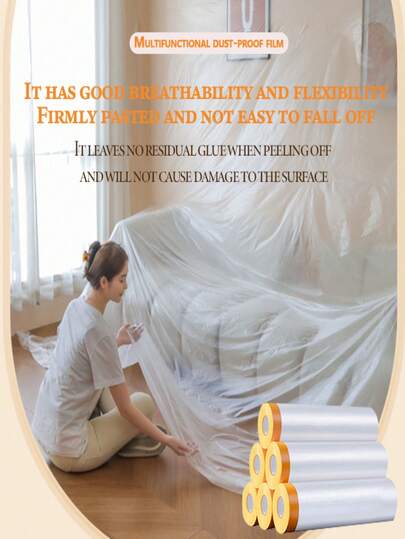 1 Rotolo di Pellicola Antipolvere Monouso, Pellicola Antipolvere per Mobili, Pellicola Adesiva per Mascheratura, Pellicola Antipolvere in Plastica per Mobili, Pellicola Protettiva in Polietilene per Vernici, Adatta per Mobili, Elettrodomestici, Auto, Pavimenti, Pareti