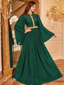 MIUSOL Vestido de noche formal de manga larga con cuello alto, volantes y contraste de color de encaje con lentejuelas y gasa - Verde Oscuro - Ver 8