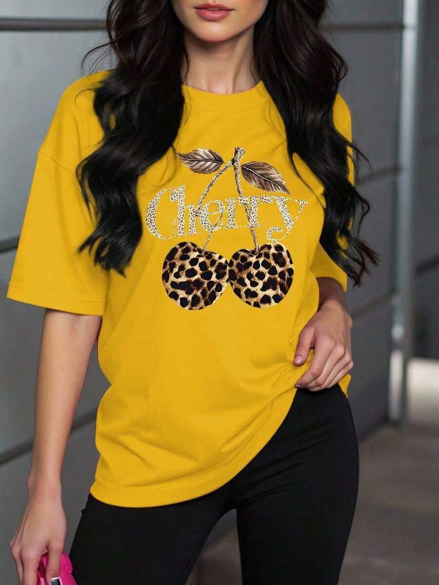INAWLY Fashionable Streetwear Leopard & Cherry Print Crew Neck Short Sleeve Blouse For Women Shirts Tops - 黃色 - 查看 1