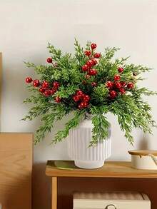 22/40pcs Artificial Pine Tree Branches With Red Berries - Realistic Evergreen Foliage In White Vase-Like Pot, Durable Plastic Winter Foliage With Green Needles & Red Berries For Christmas, Thanksgiving, Table Centerpiece, Wreaths, Garlands - All-Season Indoor/Outdoor Decoration (No Maintenance Required) - Ideal For DIY Crafts, Home & Party Decor, Christmas Decor - Multicolor - View 2