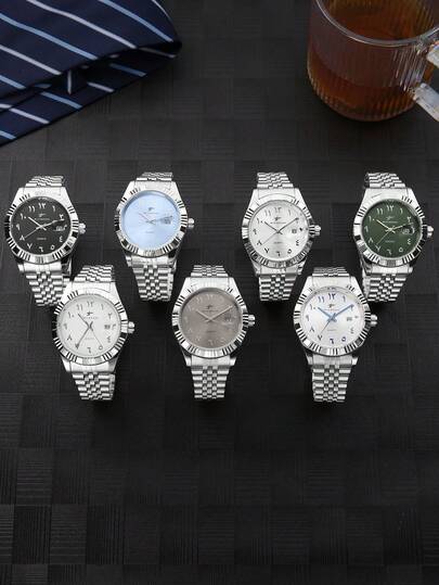 RICECGO 1 Stück exquisite Herren Business Uhr von RICECGO, Quarzwerk, Silberfarben, Edelstahlarmband mit Datumsanzeige, geeignet als Geschenk für Männer