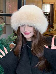 Faux Fur Fashion Hat, New Fluffy Hat, Women's Winter Fluffy Hat, Thickened Bucket Hat Design, Suitable For Women's Autumn/Winter Warmth, Cute Fluffy Hat, Winter Outfit, Warm Headwear, Solid Color Cute Versatile Bucket Hat, Fluffy Mongolian Hat, Women's Autumn/Winter Warm Cute Fluffy Hat, Christmas Decor, Solid Color Fluffy Bucket Hat, Thickened Fluffy Warm Ear Protection Hat, Suitable For Daily Outings - Multicolor - View 3