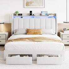 SHA CERLIN Full/Queen/King Size Platform Bed Frame With Vertical Channel Tufted Wingback Headboard, 2 Storage Drawers, 2-Tier Shelves With LED Lights, Charging Station, Noise Free, No Box Spring Needed, White - Xem 2