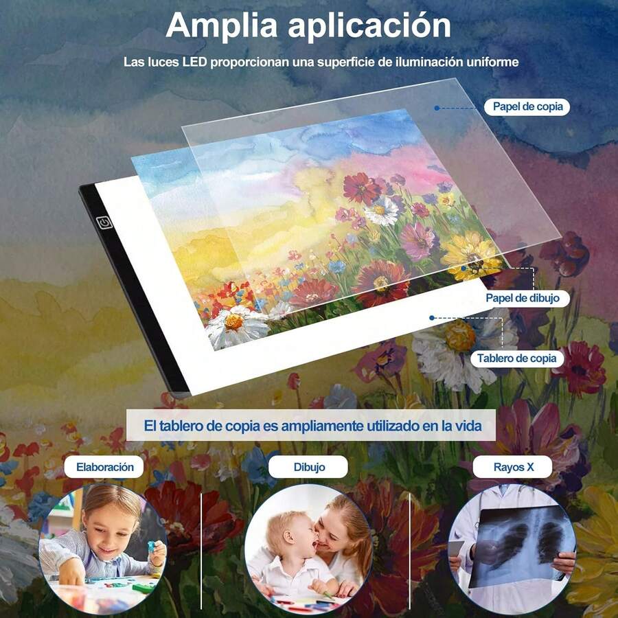 Para Dibujo de Diamantes, Dibujo, Bocetos, Animación, Copiado, Arquitectura, Soporte de Luz de Dibujo A4, Tablero de Dibujo LED con 3 Modos de Iluminación, Incluye Adaptador y USB para Pantalla de Luz de Dibujo - 1 - Ver 1