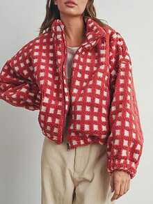 Sherpa Checkered Jacket For Women Plaid Zip Up Fleece Jacket With Pockets Winter Fall Fuzzy Cropped Coats - 紅色 - 查看 2
