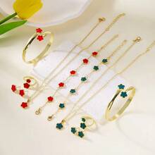 Five-Petal Flower 5-Piece Set Necklace Bracelet Bangle Earrings Ring Elegant Set - Hồng - Xem 3