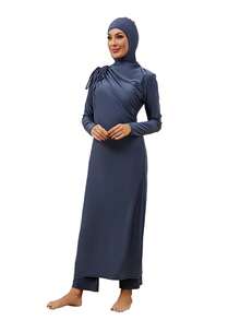VFJ Women's Full Coverage High Waist High Stretch Burkini Elegant Round Neck Long Sleeve Modest Swimsuit - Navy Blue - View 6