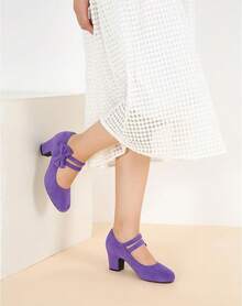 Enelauge Women's Mary Jane Heels With Bow Retro Closed Round Toe Pumps Sweet Ankle Strap Low Block Heels Chic Bowtie Vintage Dress Wedding Party Office Daily ShoesChristmas - 紫色絨面革 - 查看 4