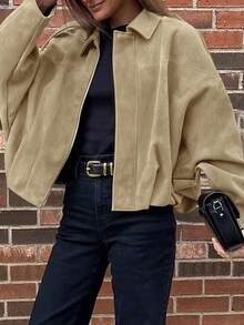 Chaqueta bomber suelta de manga larga de unicolor de felpa para mujer, estilo casual de moda para primavera/otoño - Caqui - Ver 4