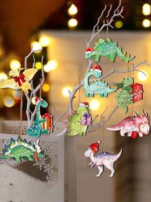 24pcs Christmas Tree Dinosaur Theme Design Unique Holiday Wooden Hanging Decorations (Hats, Scarves, Sweaters), Suitable For Holiday Trees, Home, Kitchen, And Party Decorations, Seasonal Kitchen Decorations | Classic Christmas Style | Vibrant Holiday Colors, Dinosaur Christmas Decorations