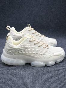 Men's Thick Sole Sneakers, Anti-Slip Durable Low-Top Round Toe Lace-Up Sports Shoes, Soft & Comfortable Knit Mesh Breathable Casual Running Shoes For Young Men, Suitable For Campus, Daily Commute And Leisure, Solid Color