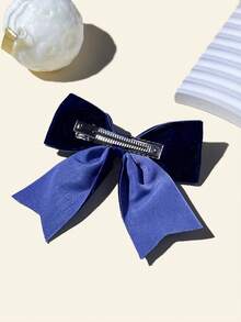 1pc Navy Velvet Bowknot Hair Clip, Girls Hair Accessories, Autumn/Winter - Navy Blue - View 6