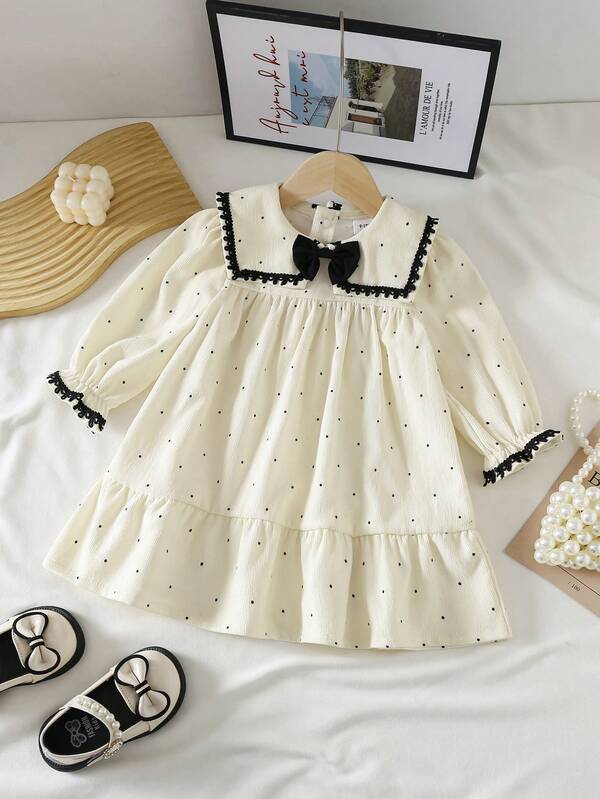 Modischer und süßer Dreiecks-Schleife Kleid für Baby Mädchen, weiche und bequeme Kragen-Spitzendekorationen, geeignet für Frühlings- und Herbstaktivitäten, Spiel, Urlaub, Partys und den täglichen Gebrauch von Baby Mädchen