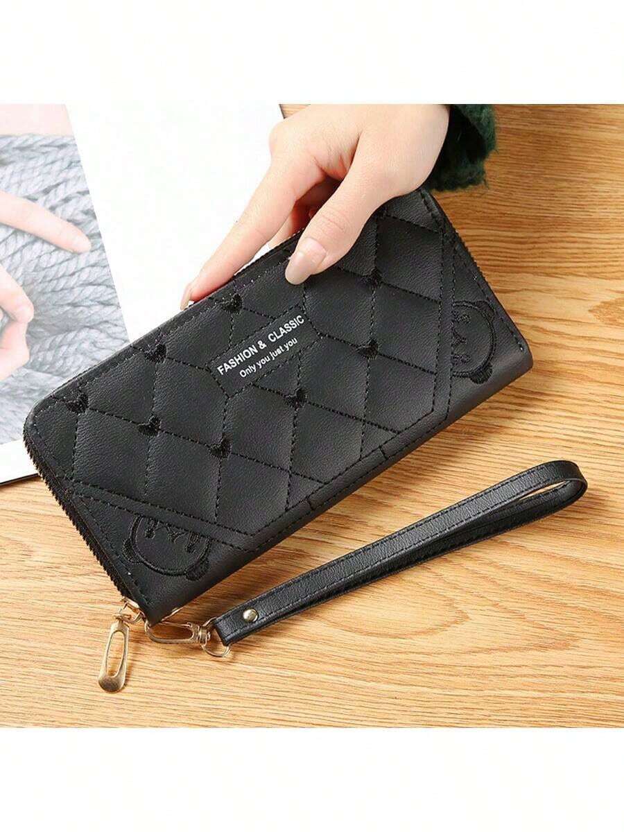 女士长款拉链钱包大容量手拿包菱形图案字母多功能钱包女款钱夹钱包秋季长款钱包腕带钱包 - 黑色 - 查看 1